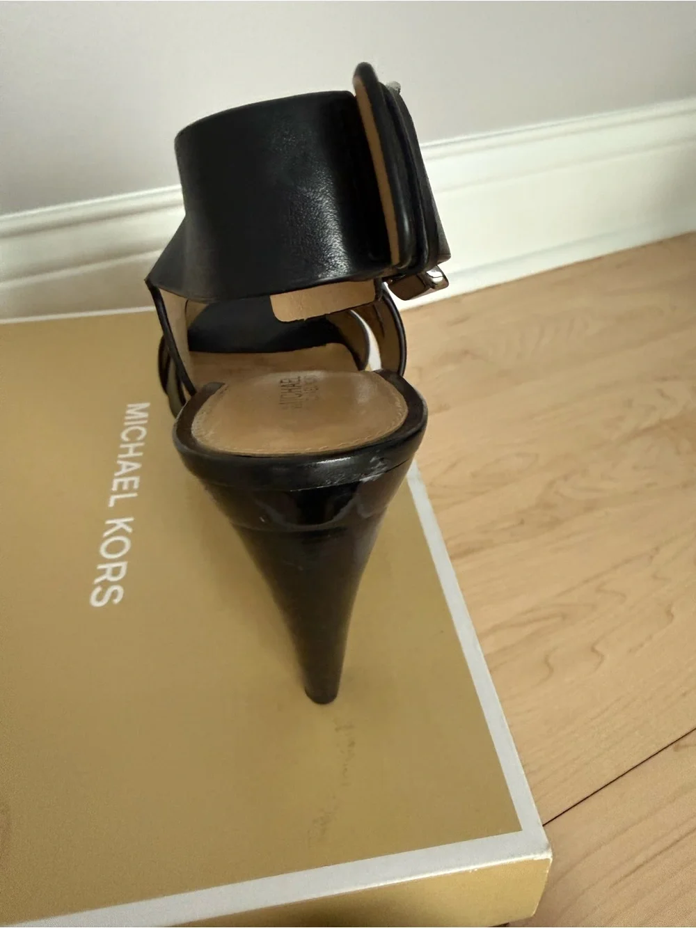 Michael Kors Black Leather Cutout Buckle High Heel Sandals